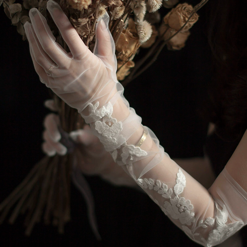 White Bridal Tulle Gloves – Floral Embroidered Long Wedding Gloves